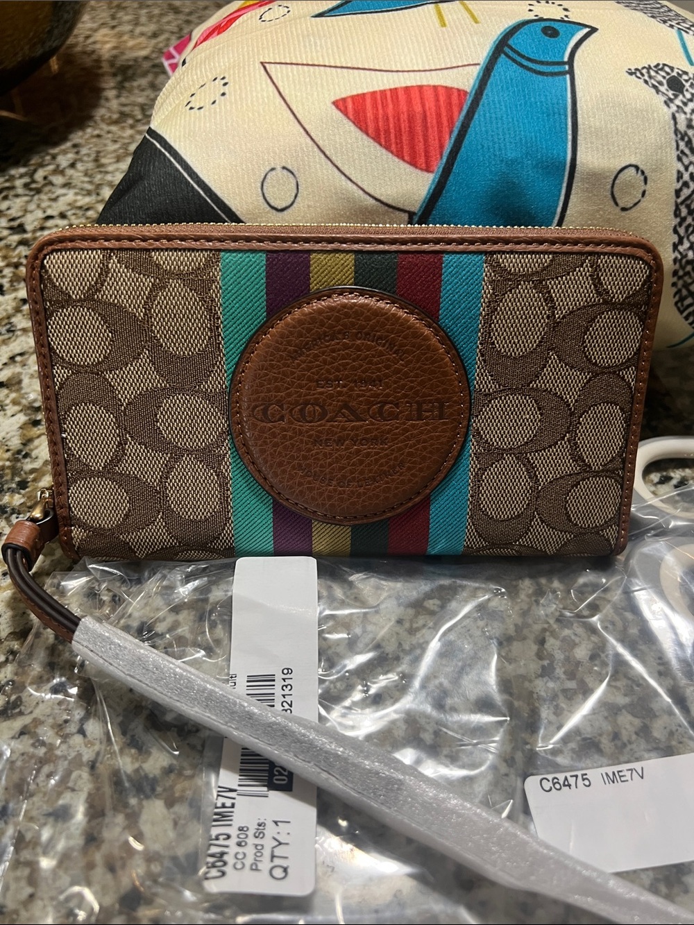 Coach Brown Signature Stripe Zip Wallet with Teal, Purple & Red Accents